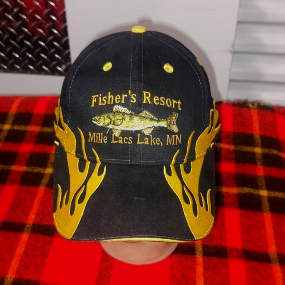Fisher's Resort Mille Lacs Lake, MN Embroidered Yellow Flames Strap-on Hat Cap